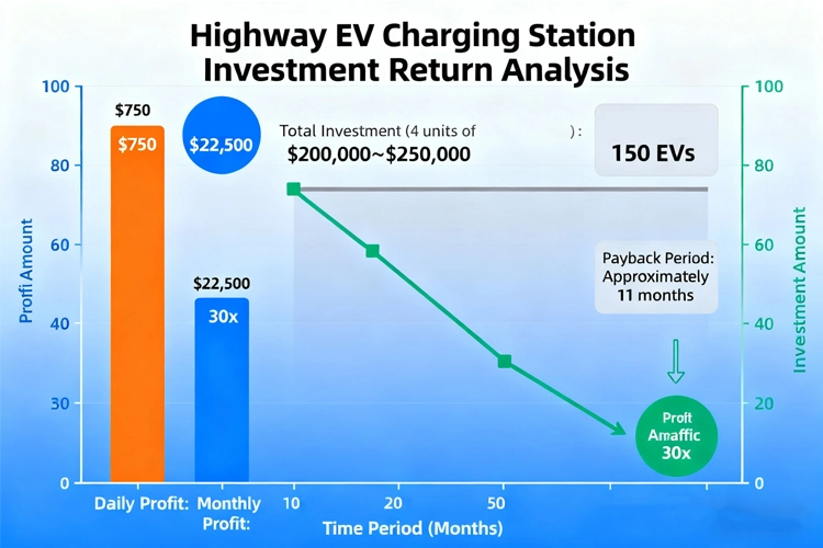 Highway EV charging station investment return chart showing payback period, profit margin, and ROI for DC fast chargers.