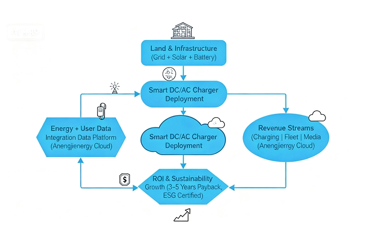 EV charging investment blueprint showing smart DC/AC charger deployment, ROI growth, and data-driven sustainability model.