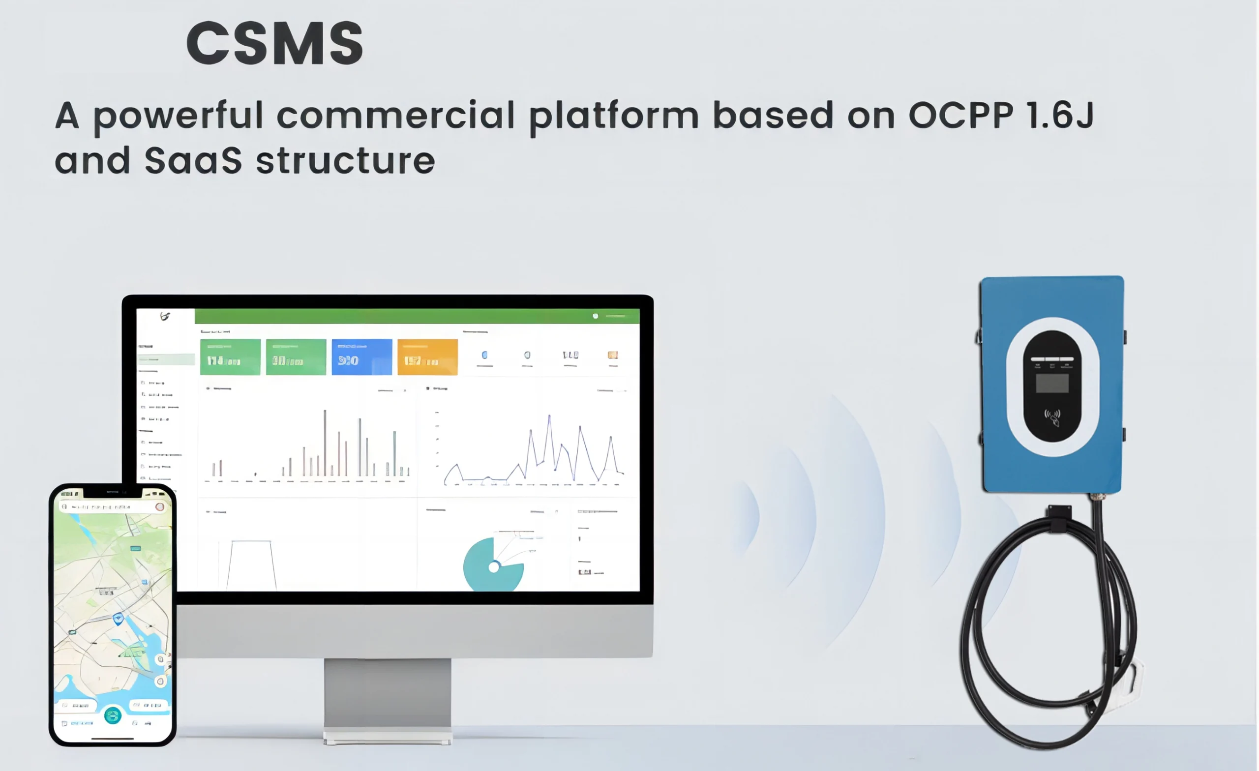 EV charger CSMS management platform based on OCPP 1.6J and SaaS structure for commercial EV charging stations.