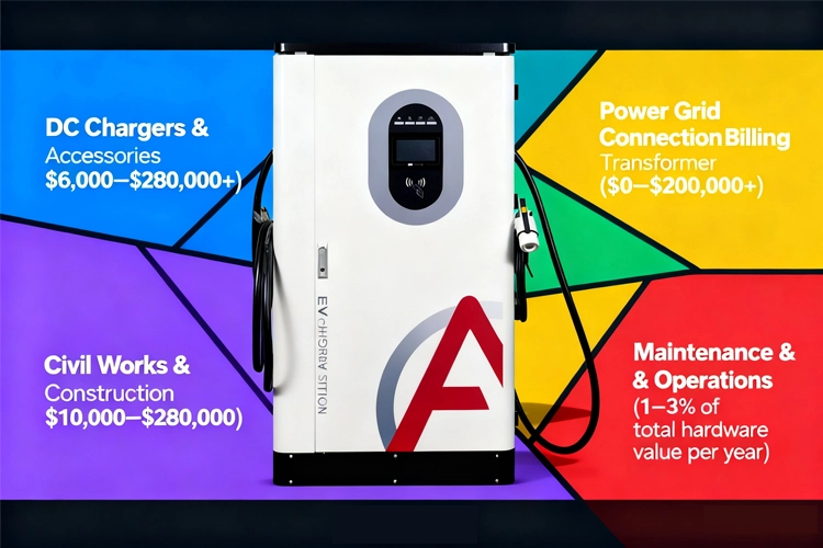 EV charger cost breakdown including DC chargers, construction, transformer, and maintenance for commercial charging stations.
