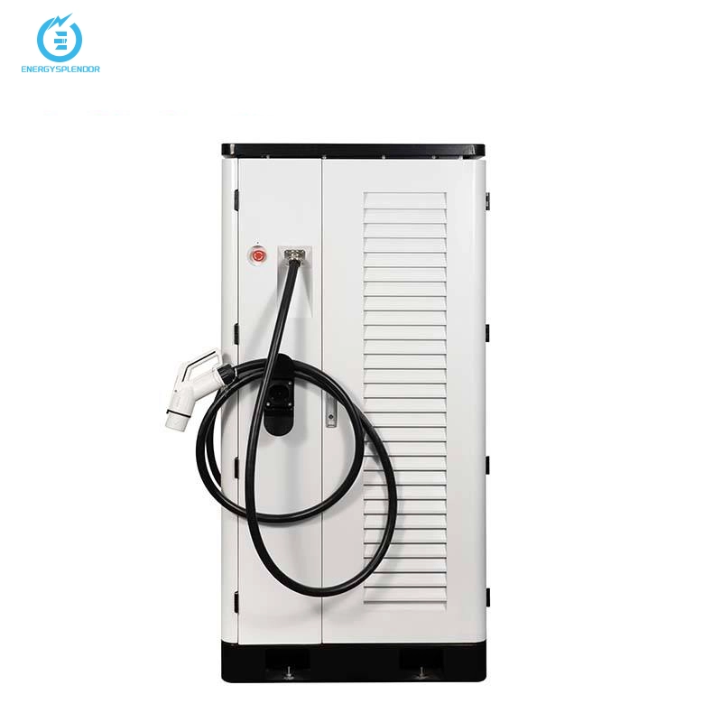 Commercial Level 3 EV charging station with single charging cable and durable metal housing.