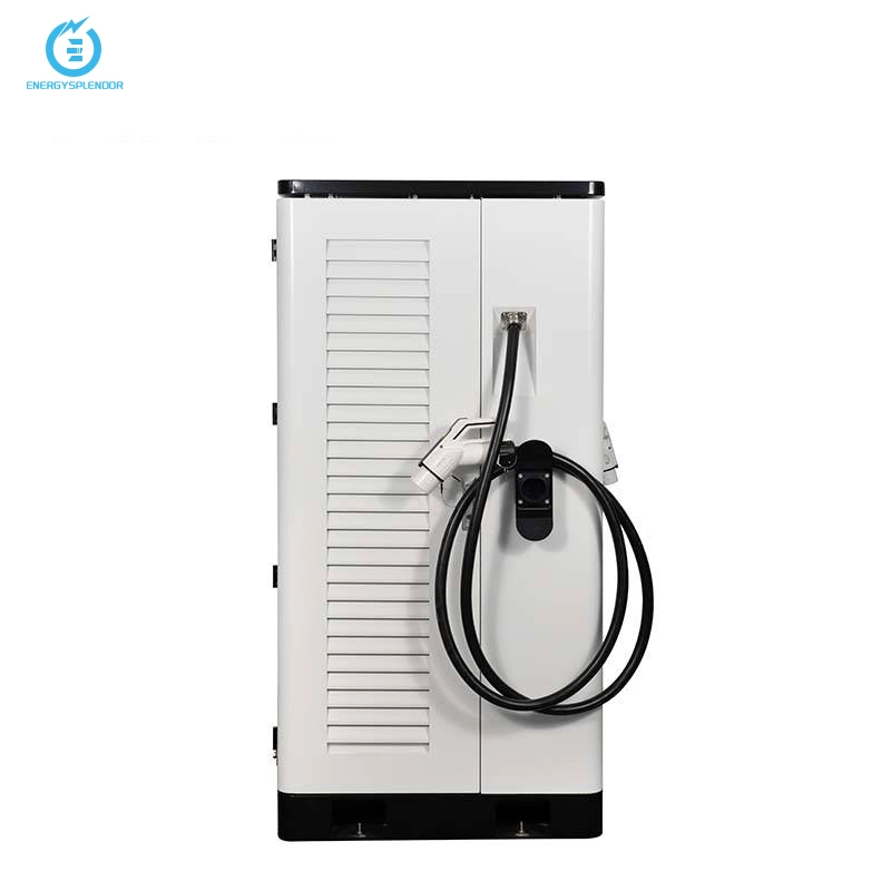 High power Level 3 EV charging station with dual DC connectors for electric vehicles.