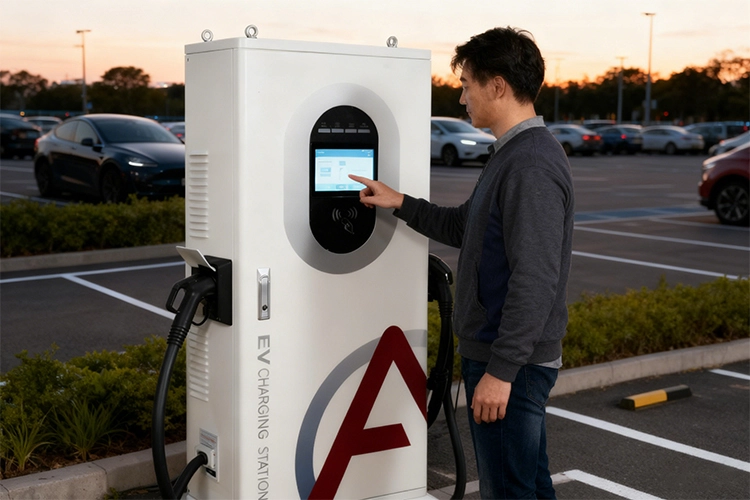 User interacting with a dual-port EV charger in a parking lot, providing charging for two electric vehicles simultaneously.