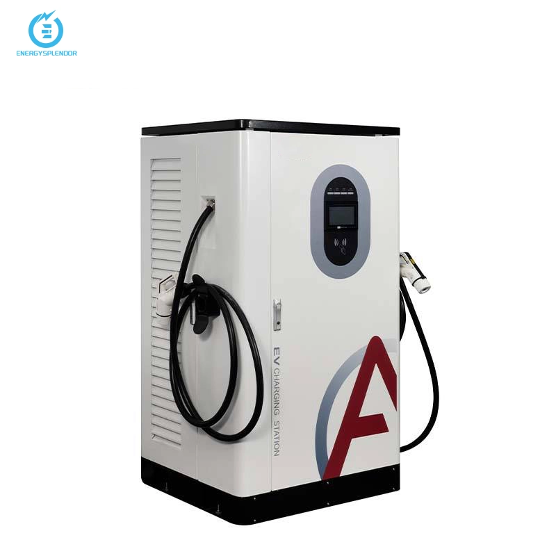 Level 3 DC fast EV charger with dual charging connectors and smart control panel.