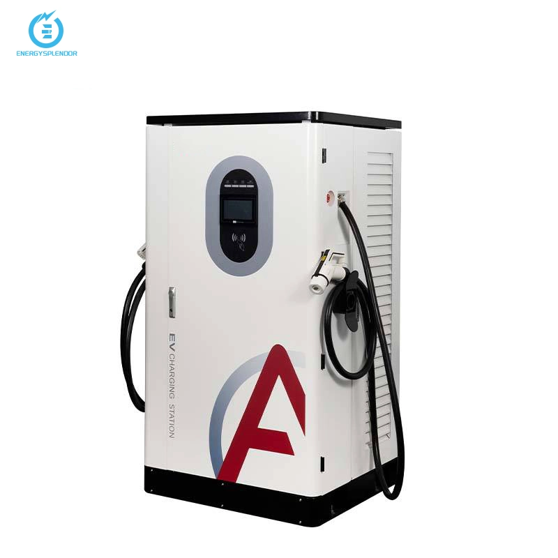 Level 3 DC fast EV charger for commercial electric vehicle charging stations, featuring dual connector and smart display.