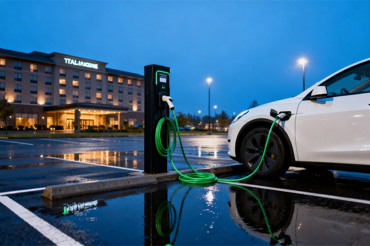 Electric vehicle charger at a hotel parking lot with a white EV charging in the rain at night.