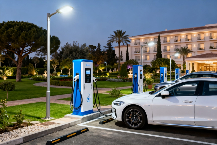 EV charging station at a hotel with multiple chargers and a white electric car charging at night