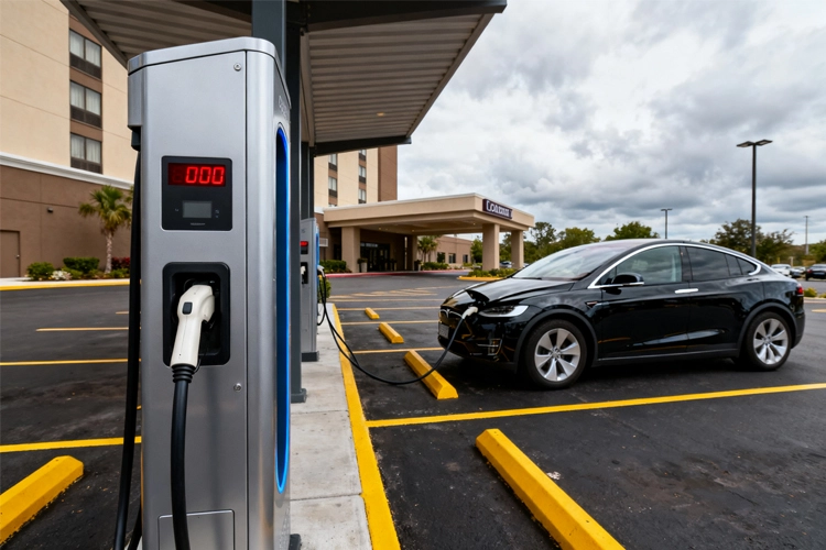 Hotel parking lot with EV charger and electric car charging