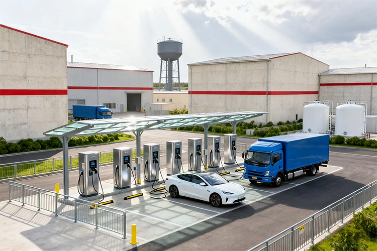 Electric car and delivery truck charging at a modern EV charging station in an industrial
