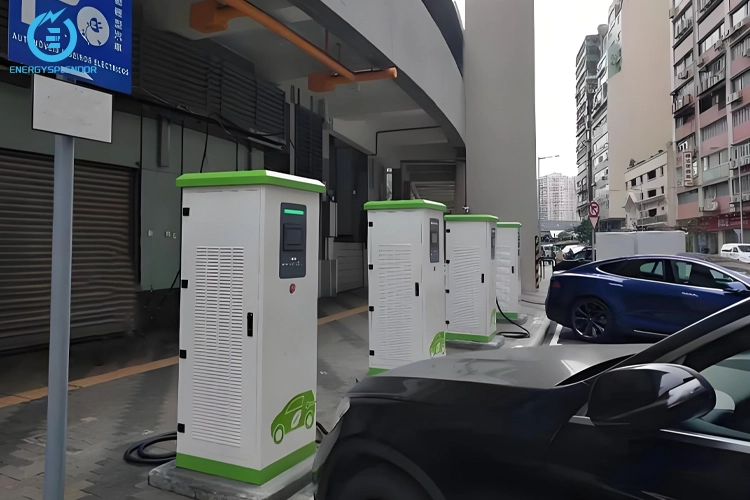 Installing a commercial EV charging station in an urban parking area with multiple electric vehicles charging.