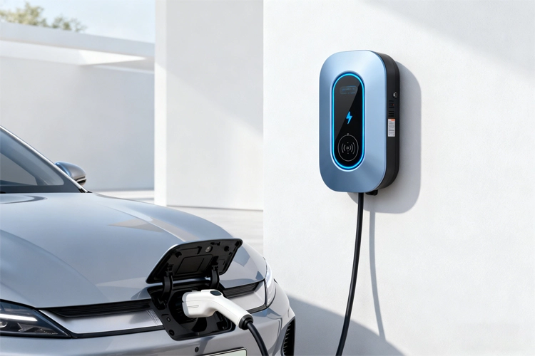 Electric vehicle charging through a J1772 wall-mounted home EV charger.