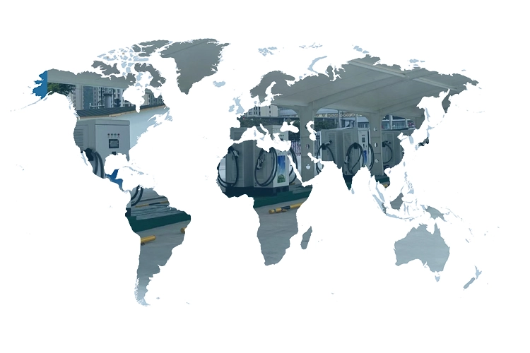 World map silhouette overlay showing Level 3 DC fast charging stations installed under a canopy.
