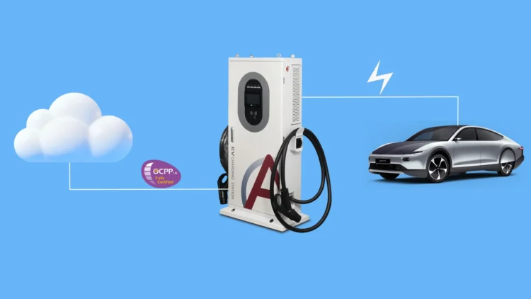 OCPP-certified EV charging station with cloud connectivity, charging a vehicle, displaying the OCPP certification badge.