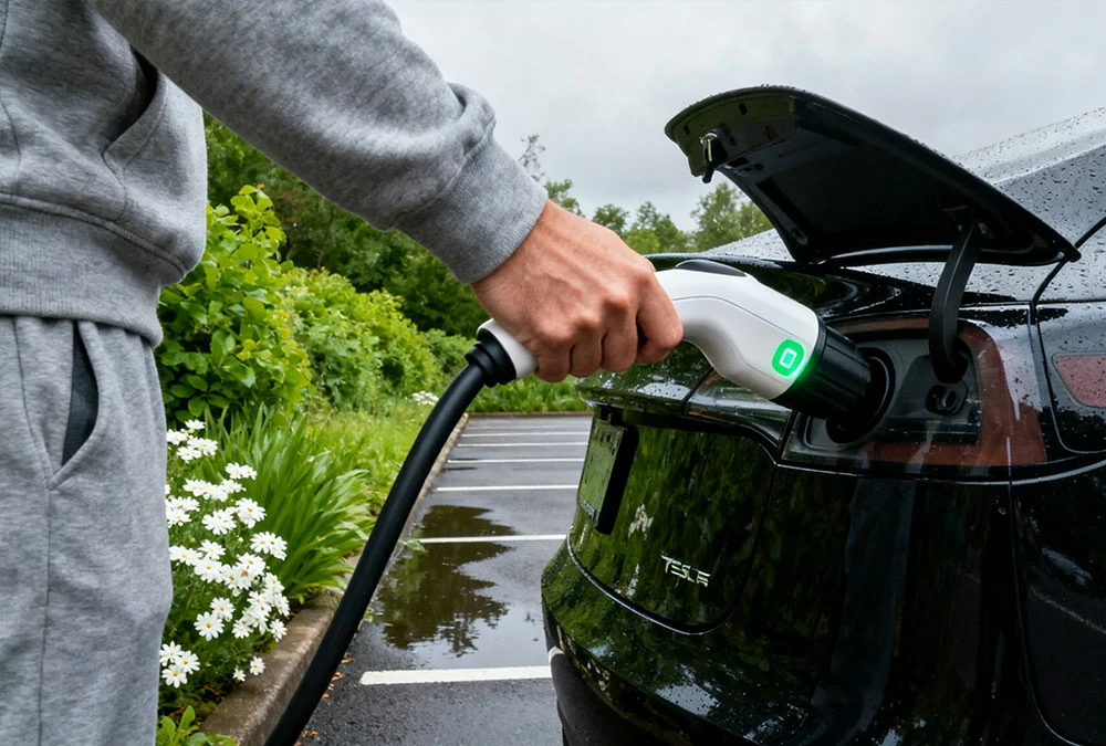 Close-up of an EV owner plugging a charging connector into an electric car at a public parking charging station 