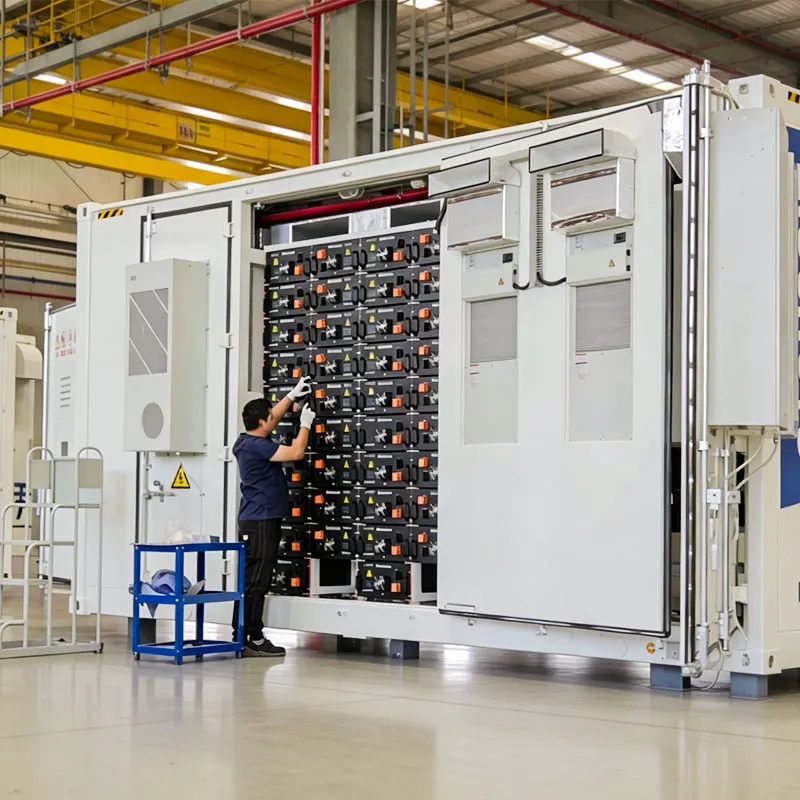 5MWh liquid-cooled battery container under factory testing for grid-scale energy storage and renewable integration projects, engineers inspecting internal system