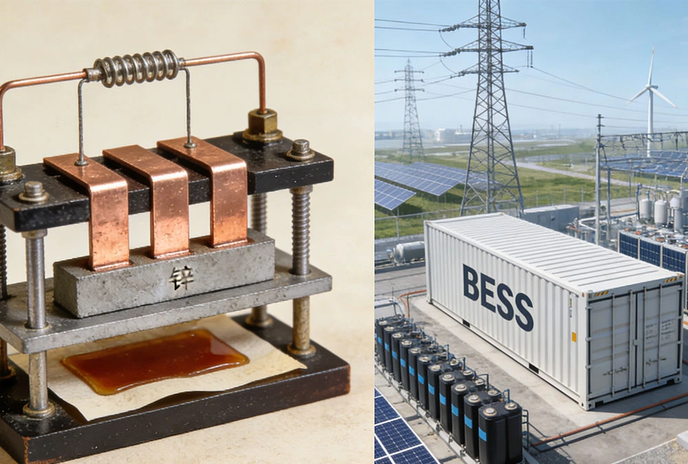 Early voltaic pile battery compared with a modern utility-scale battery energy storage system (BESS)