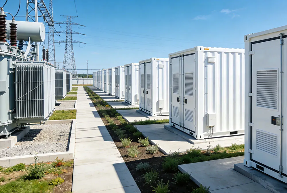 A high-capacity containerized Battery Energy Storage Procurement project at an industrial facility, featuring modern LFP storage units.