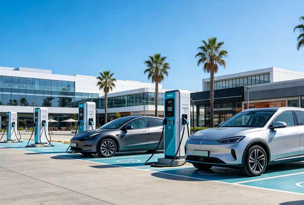 A high-power DC EV charger station in a South American retail parking lot showing multiple cars fast charging.