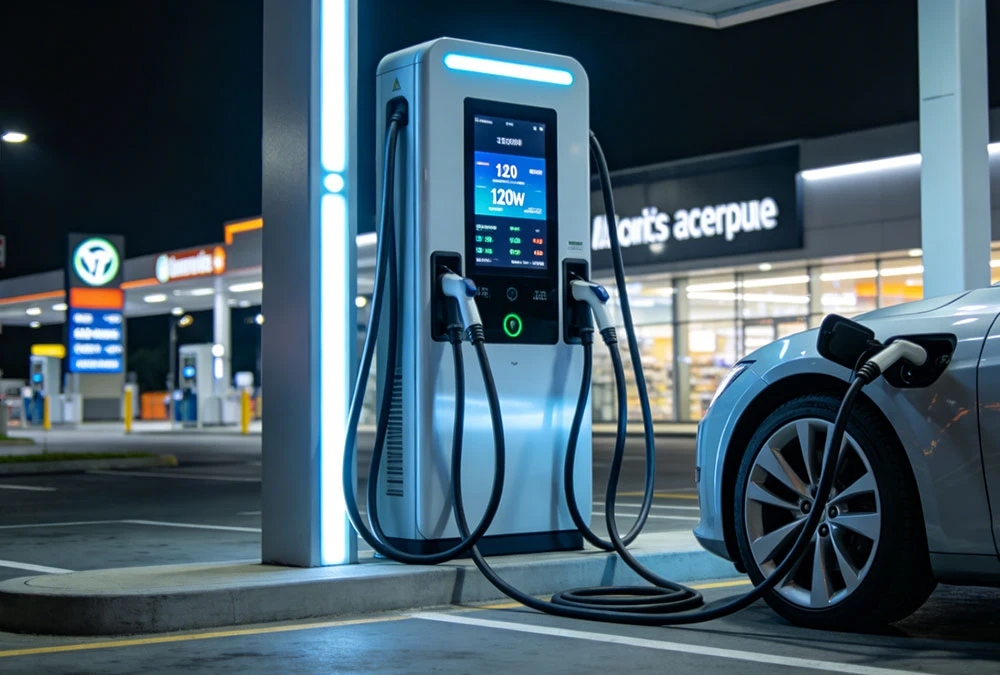 Professional 120kW dual-gun DC fast charging station installed at a commercial retail parking lot.
