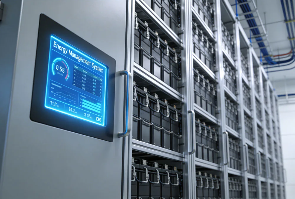 Internal components of a commercial energy storage system including LFP battery racks and EMS technology.