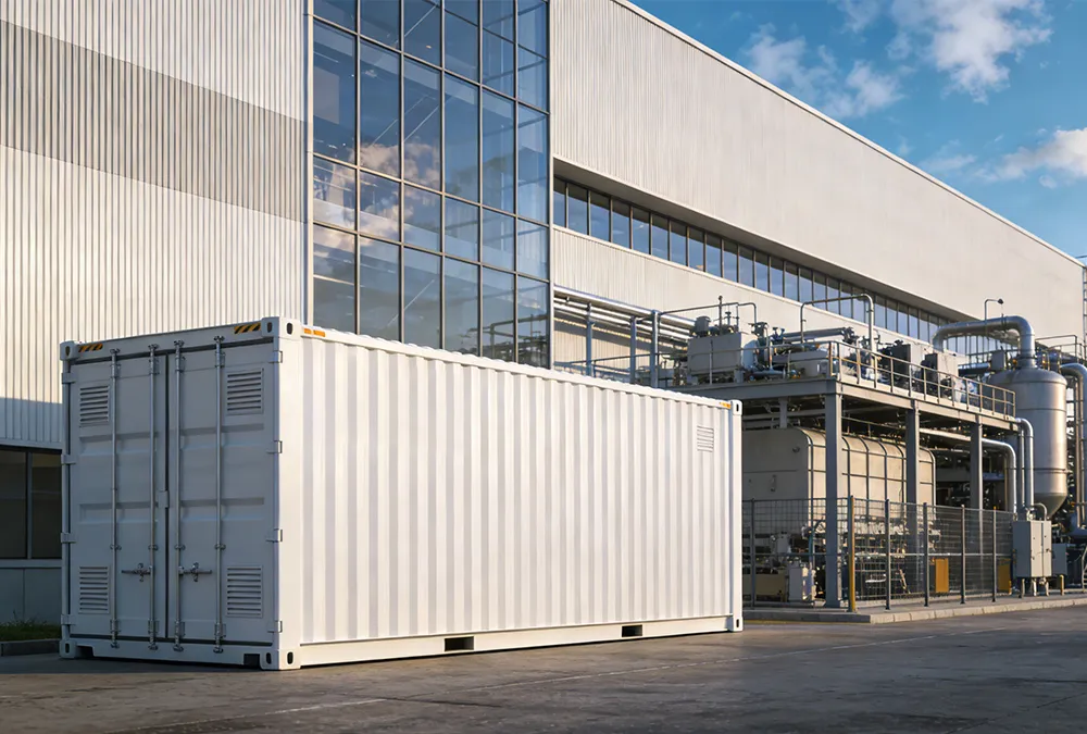 A containerized BESS for industrial manufacturing installed at a modern factory site for peak shaving.