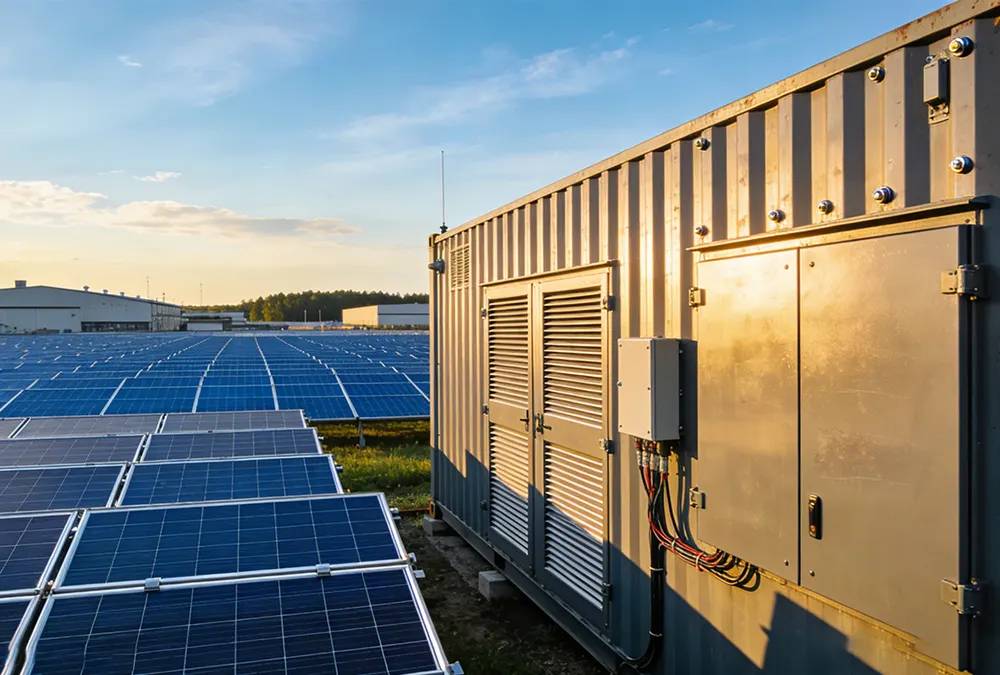 Large scale containerized BESS solution for manufacturing plants integrated with renewable solar energy.