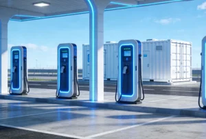 Containerized energy storage system for fast EV charging integrated at a high-power highway charging hub.