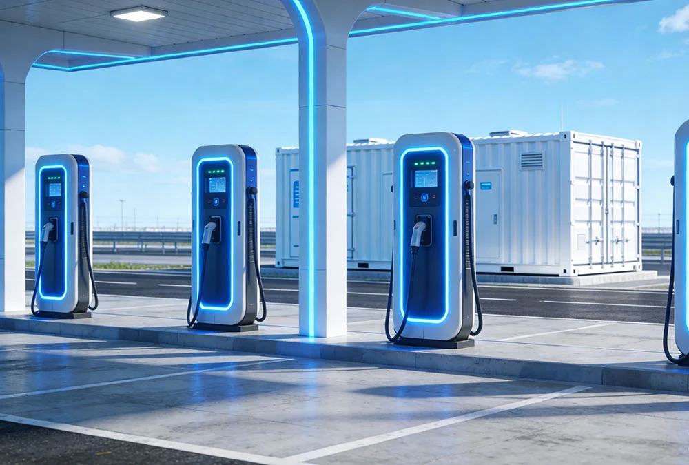 Containerized energy storage system for fast EV charging integrated at a high-power highway charging hub.