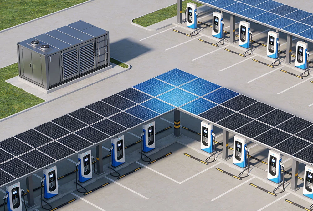 Solar-powered EV charging hub integrated with a DC fast charging station and battery energy storage system.