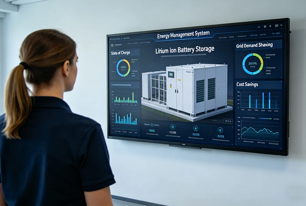 An engineer monitoring a lithium ion battery storage system using an EMS (Energy Management System) dashboard for peak shaving.