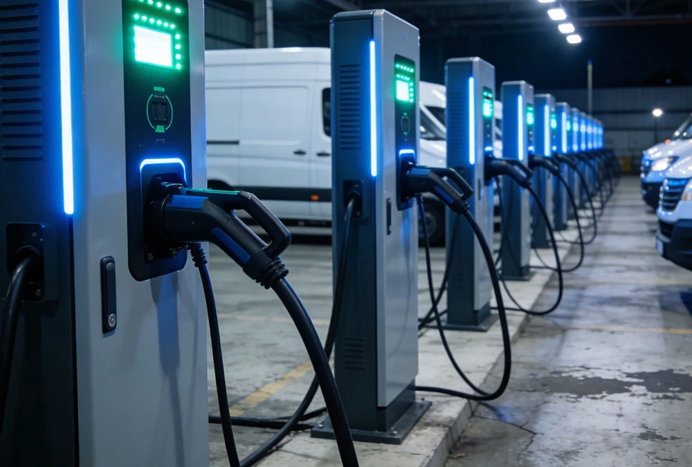 Fleet management using high-speed DC fast charger systems for electric delivery trucks in a logistics park.