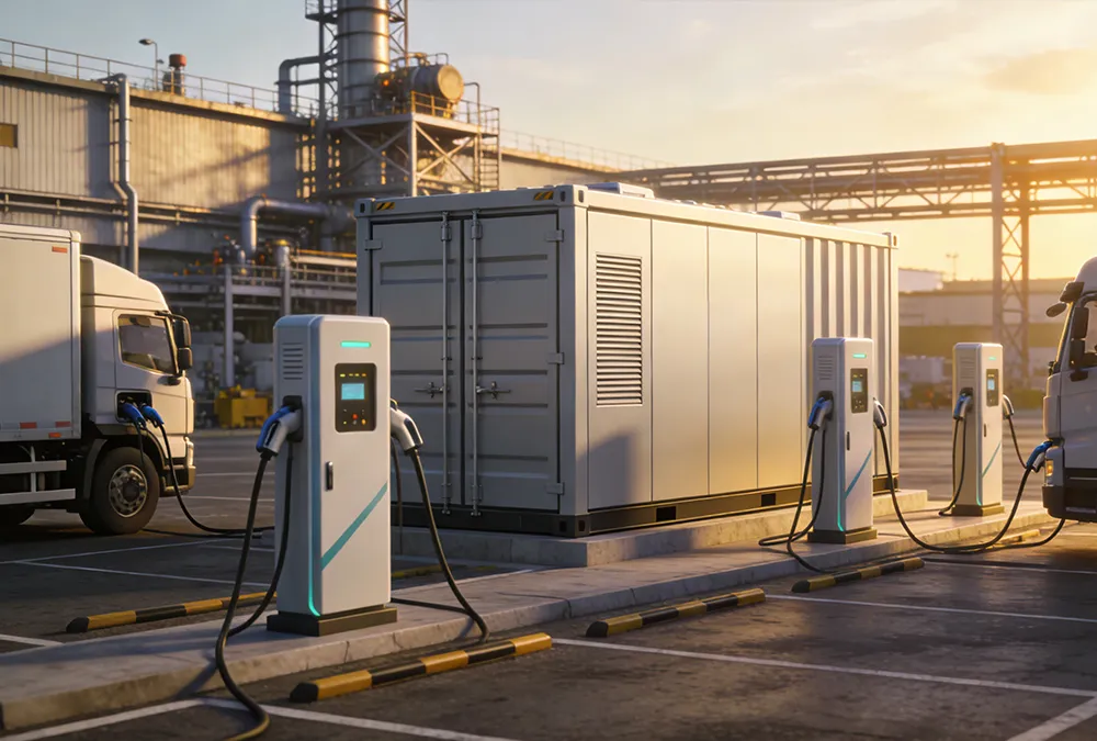 Industrial BESS integrated with EV charging infrastructure at a manufacturing facility to manage peak demand.