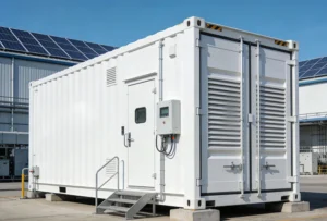 A containerized energy storage system installed at an industrial facility to support grid scale energy storage and peak shaving.