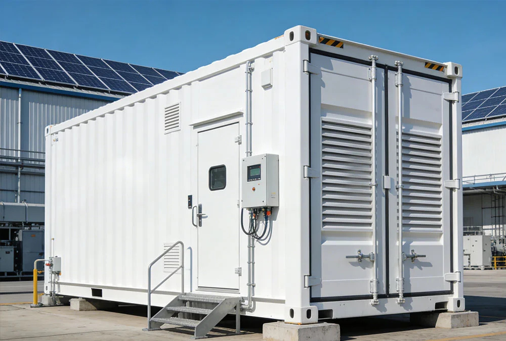 A containerized energy storage system installed at an industrial facility to support grid scale energy storage and peak shaving.