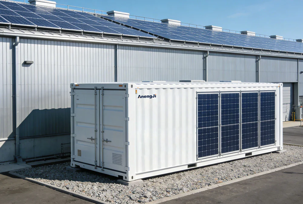 A containerized solar battery storage system installed next to a large manufacturing facility to manage peak demand.