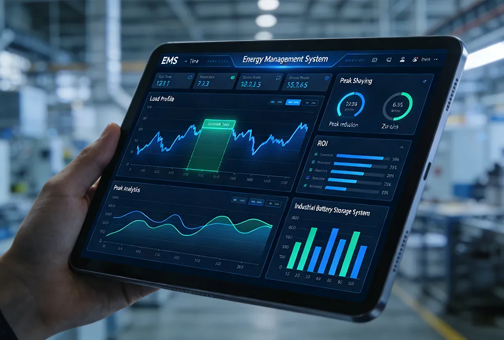 AI-driven industrial energy management system (EMS) dashboard monitoring peak shaving performance.