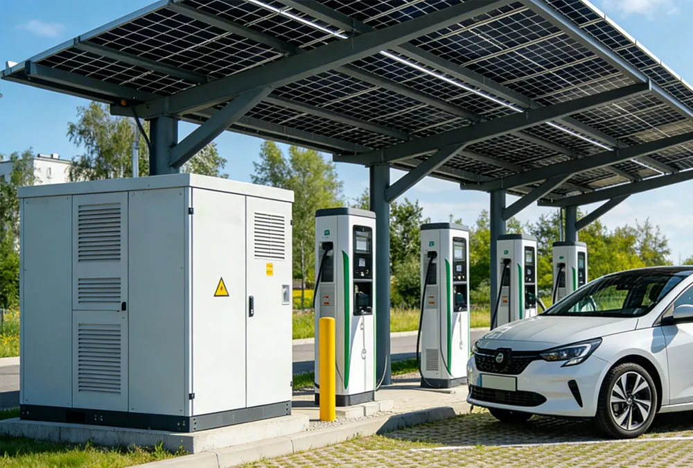 Integrated solar and lithium ion energy storage batteries for solar in Poland powering high-speed EV chargers.