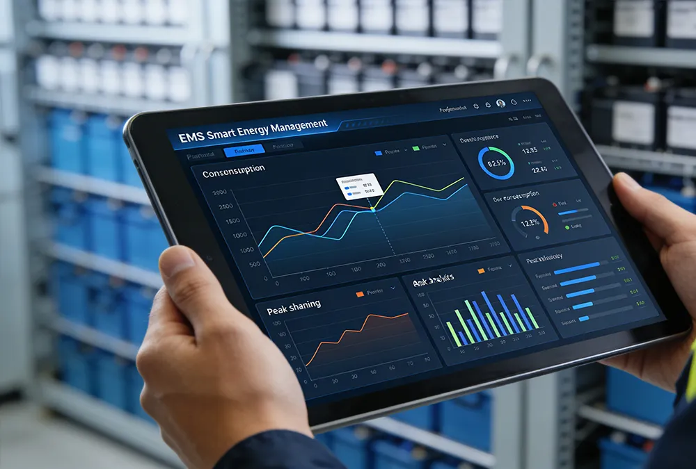 Smart energy management system (EMS) dashboard optimizing factory power backup system performance.