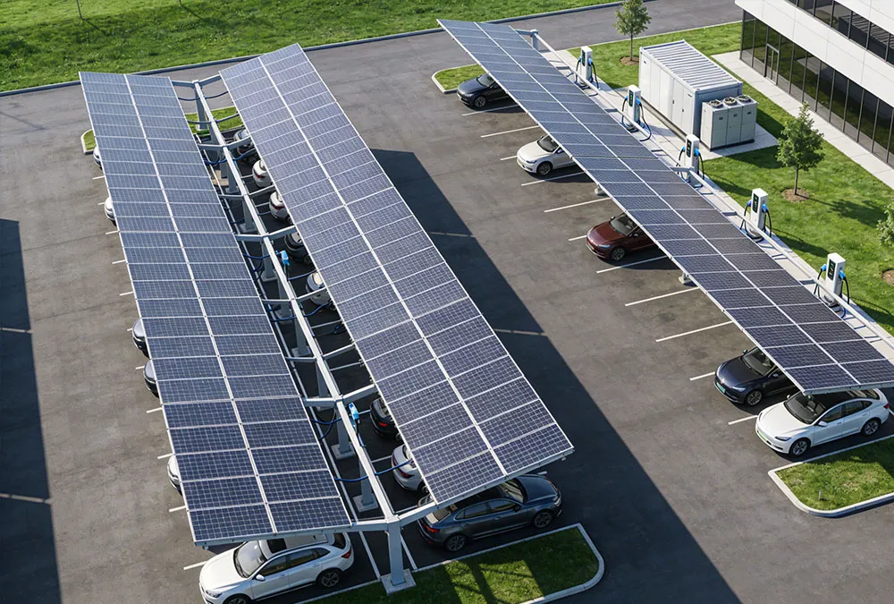 A commercial EV charging station with energy storage system and solar carports for industrial energy management.