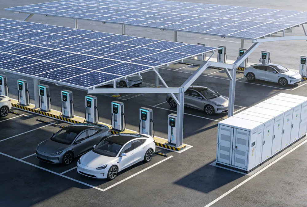 An EV fast charging hub integrated with solar energy battery storage and a microgrid solar battery system.