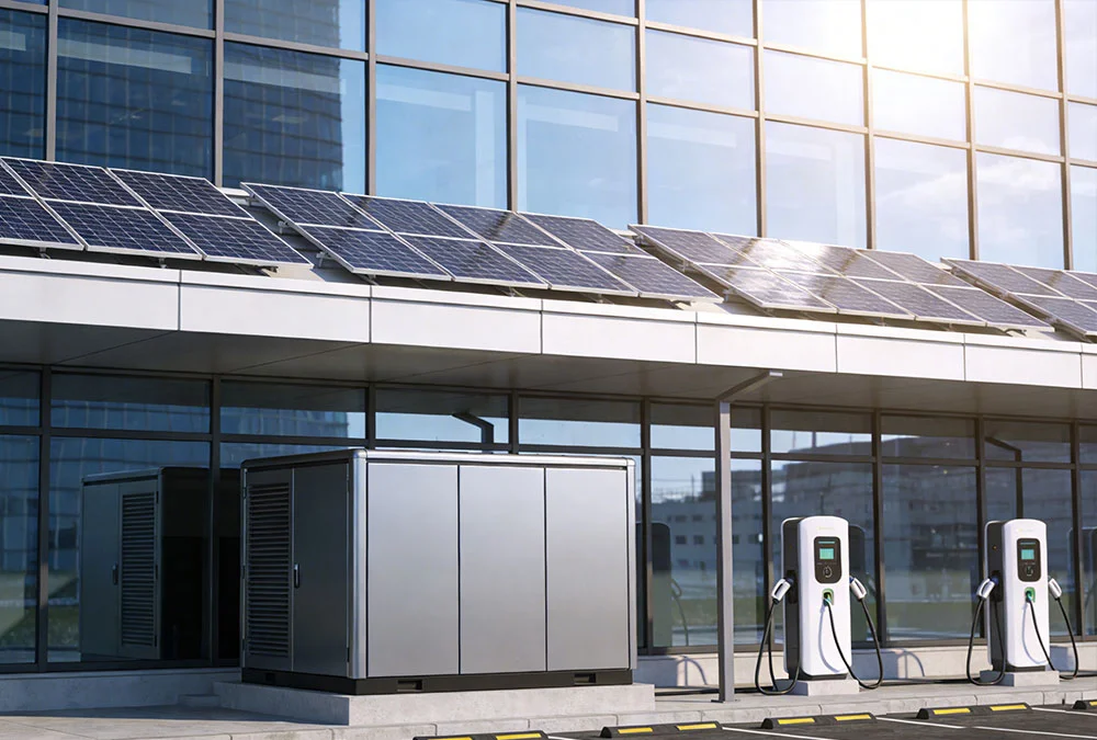 A solar plus storage system integrated with a commercial energy storage system to provide renewable energy storage solutions for businesses.