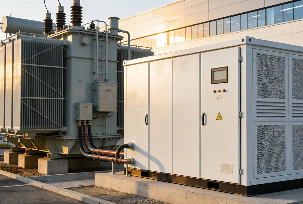 A professional BESS sizing calculation site showing an Anengji liquid-cooled battery storage unit installed at an industrial facility.