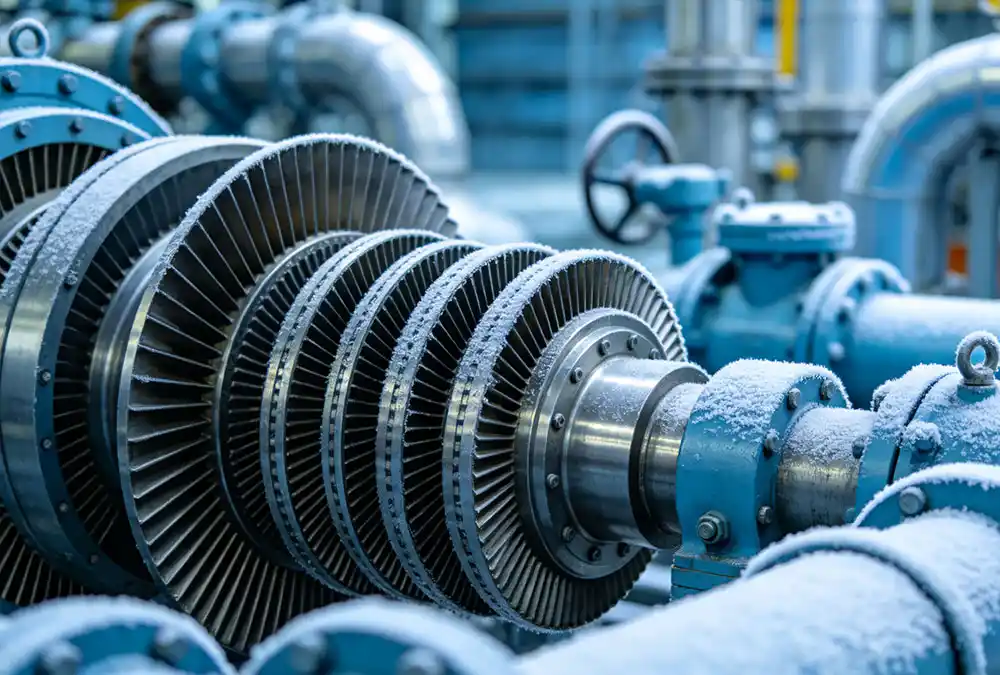 Detailed view of the cryogenic energy storage cycle and turbine generation in a liquid air storage facility.