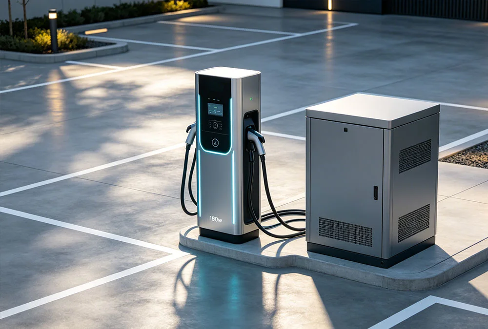 DC fast charger with integrated battery storage solution for grid-constrained sites.