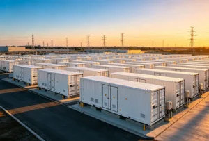 Large-scale battery storage farm infrastructure supporting renewable energy integration and grid stability.