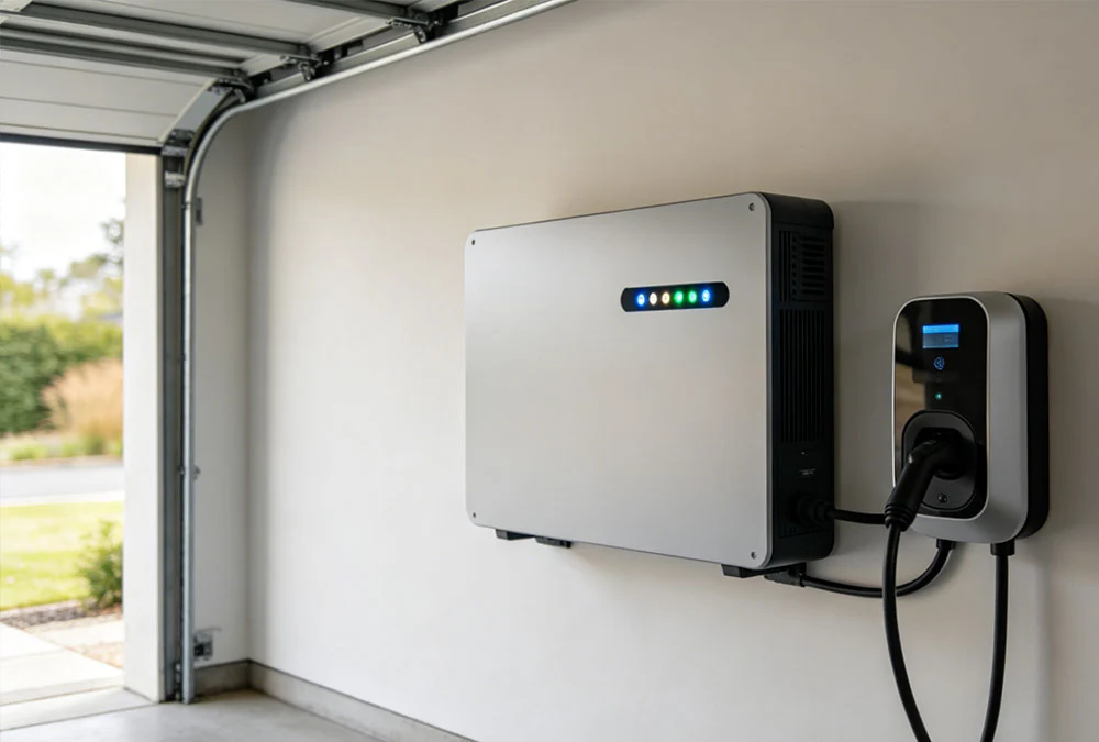 Residential solar battery storage system showing high-density LFP home battery for grid independence.