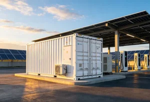 A professional industrial battery energy storage system (BESS) working at an EV charging station.
