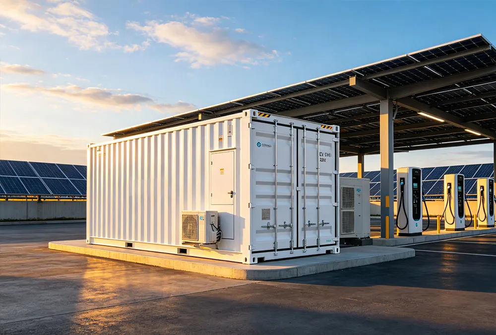 A professional industrial battery energy storage system (BESS) working at an EV charging station.