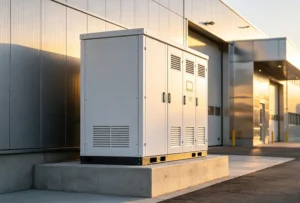 Industrial battery energy storage system (BESS) cabinet installed at a factory for peak shaving and demand charge reduction.