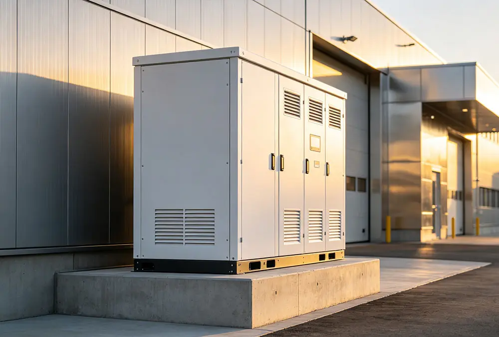Industrial battery energy storage system (BESS) cabinet installed at a factory for peak shaving and demand charge reduction.